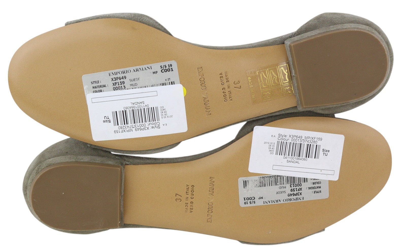 EMPORIO ARMANI X3P649 moteriškos basutės, 37 dydžio, pilkos, zomšos, odos, atvira nosimi, sagtimi. 