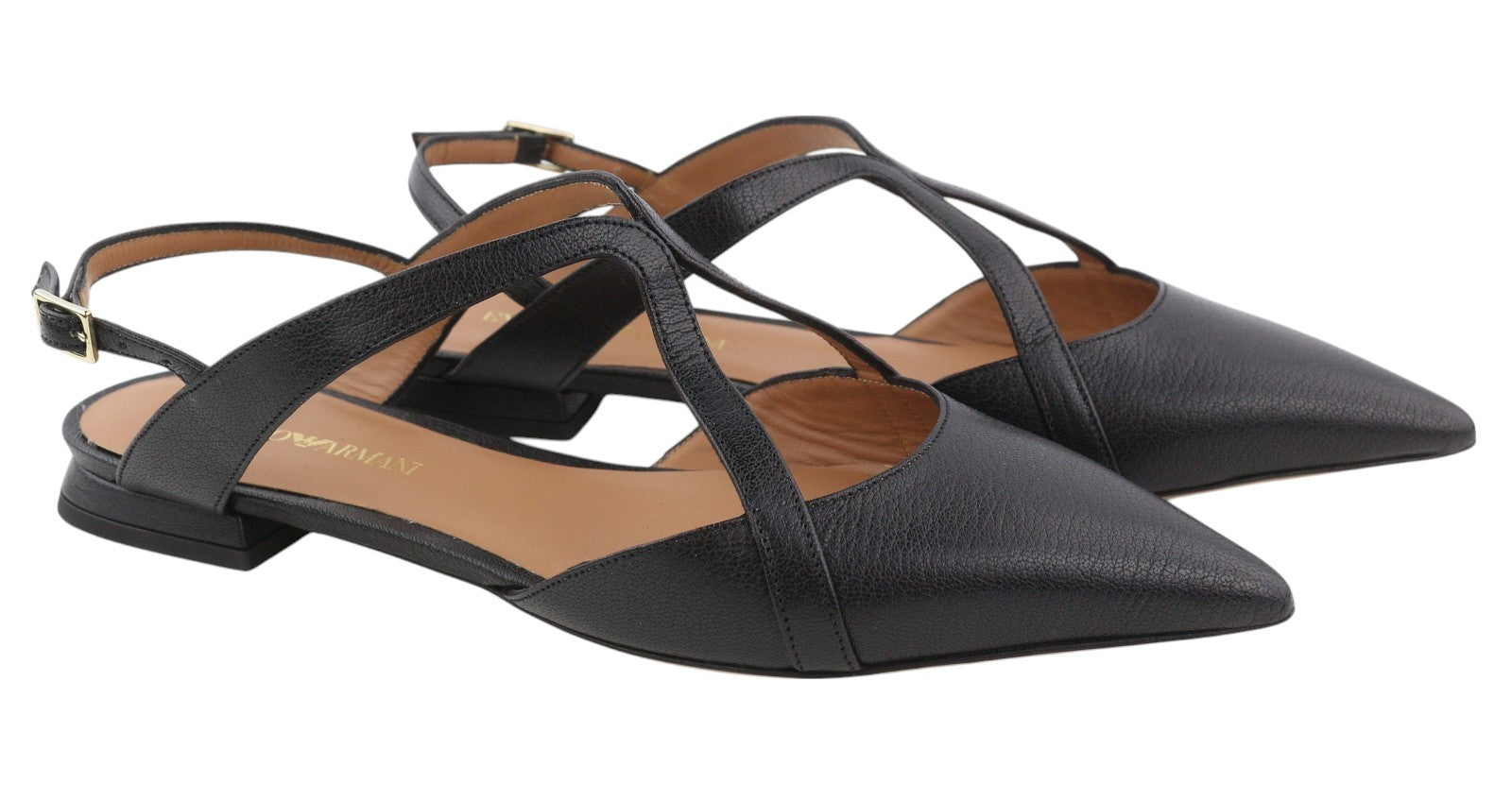 EMPORIO ARMANI moteriški bateliai be kulno, 37 dydžio, juodos odos, smailios nosies, su dirželiais. 