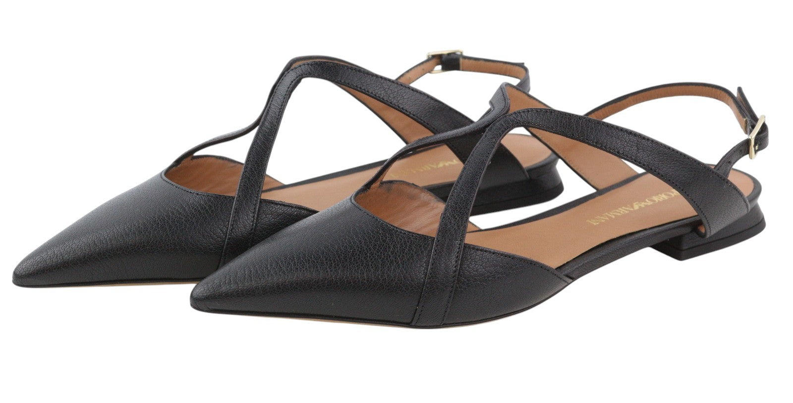 EMPORIO ARMANI moteriški bateliai be kulno, 37 dydžio, juodos odos, smailios nosies, su dirželiais. 