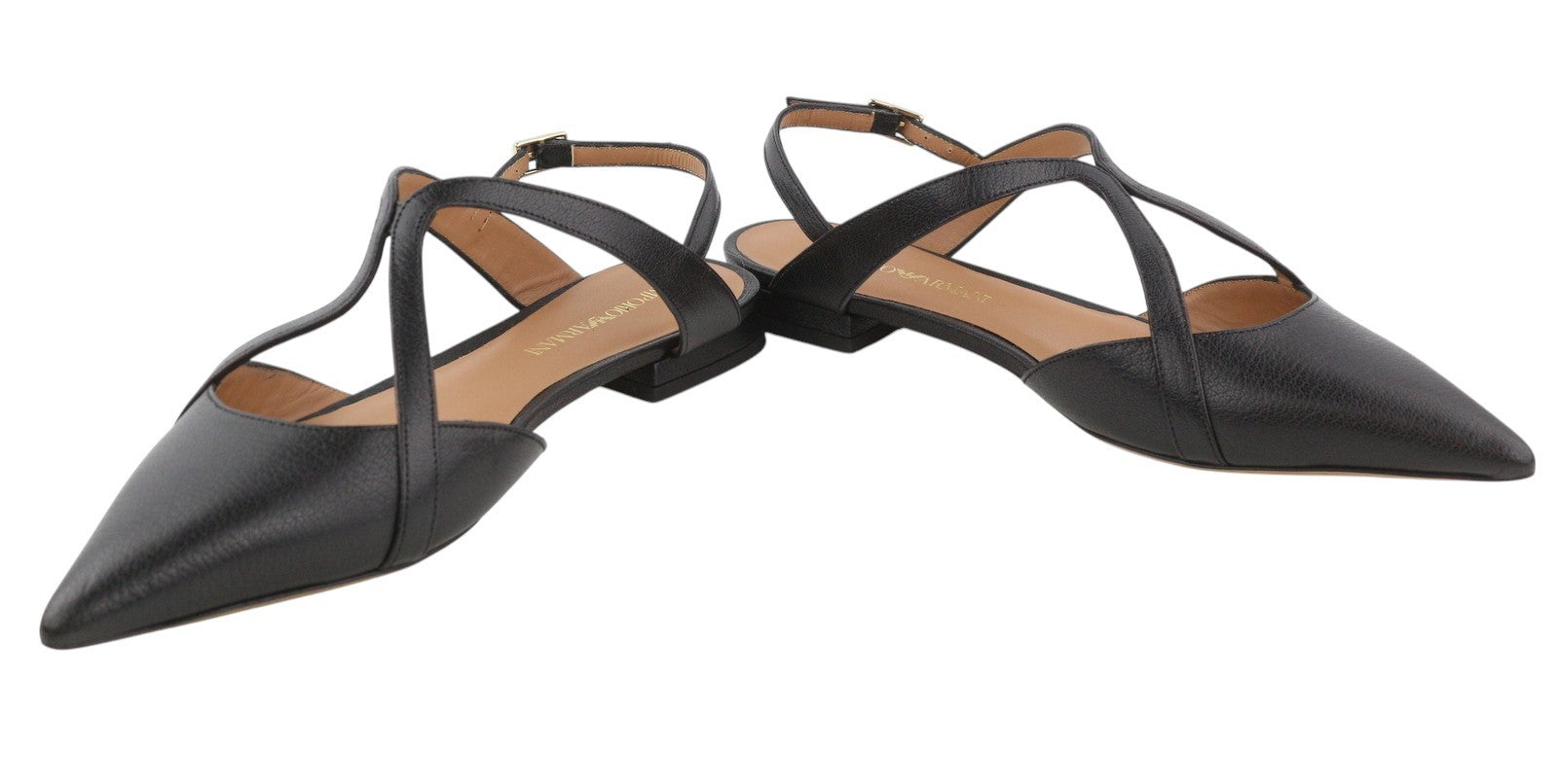 EMPORIO ARMANI moteriški bateliai be kulno, 37 dydžio, juodos odos, smailios nosies, su dirželiais. 