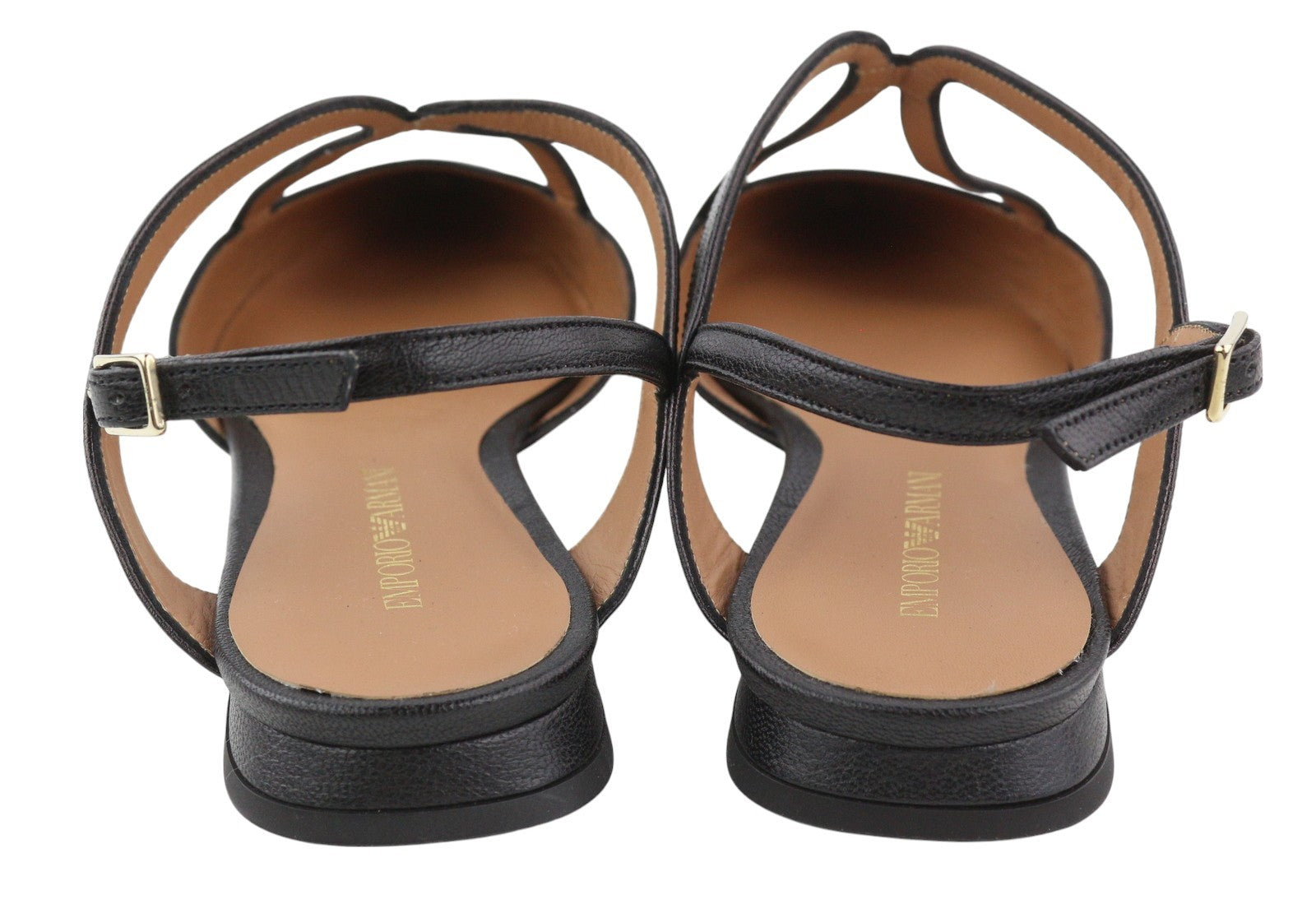 EMPORIO ARMANI moteriški bateliai be kulno, 37 dydžio, juodos odos, smailios nosies, su dirželiais. 