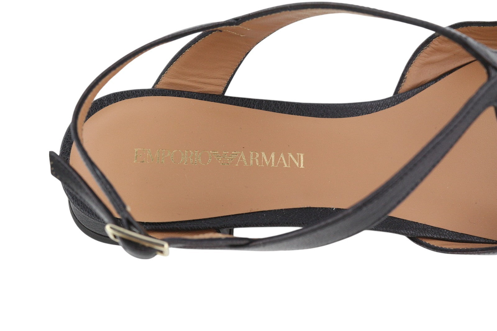 EMPORIO ARMANI moteriški bateliai be kulno, 37 dydžio, juodos odos, smailios nosies, su dirželiais. 