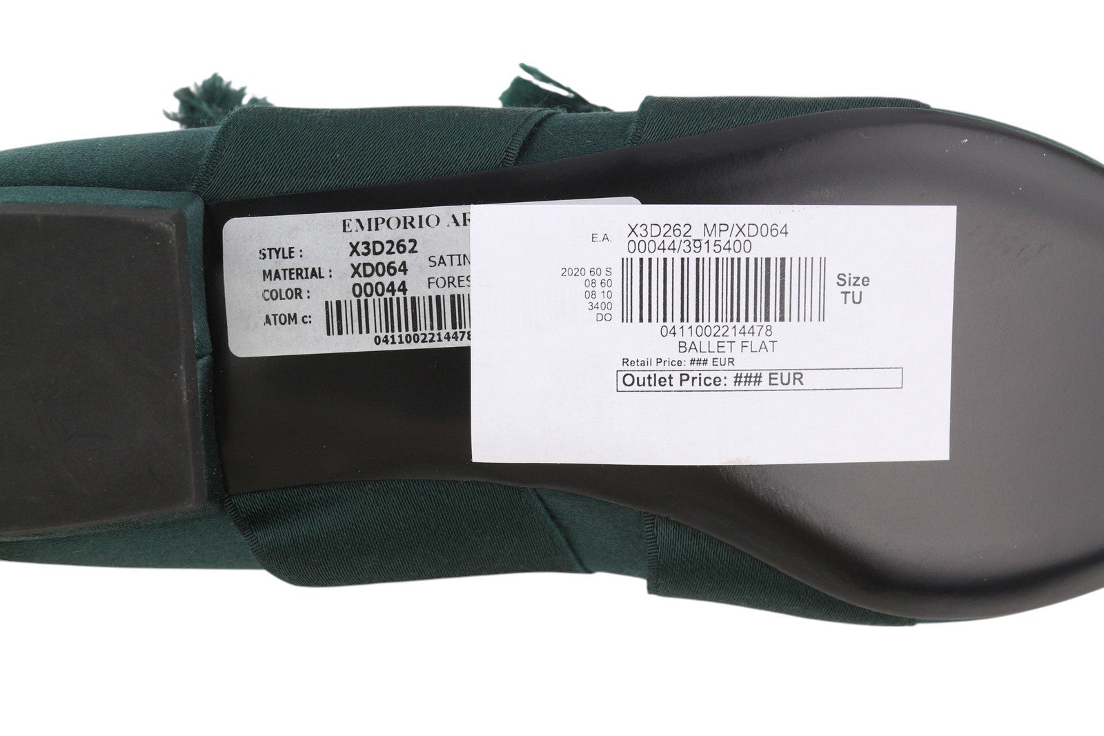 EMPORIO ARMANI X3D262 moteriški bateliai su petnešėlėmis, žali atlasiniai bateliai su smailiomis nosimis. 