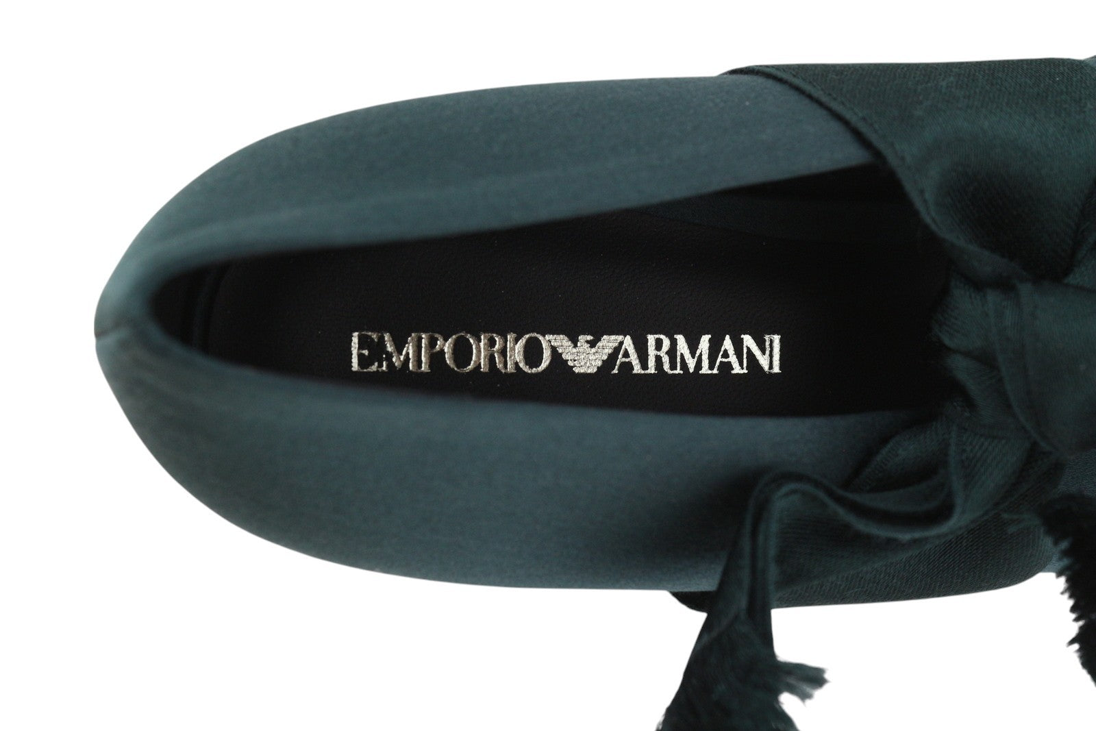 EMPORIO ARMANI X3D262 moteriški bateliai su petnešėlėmis, žali atlasiniai bateliai su smailiomis nosimis. 