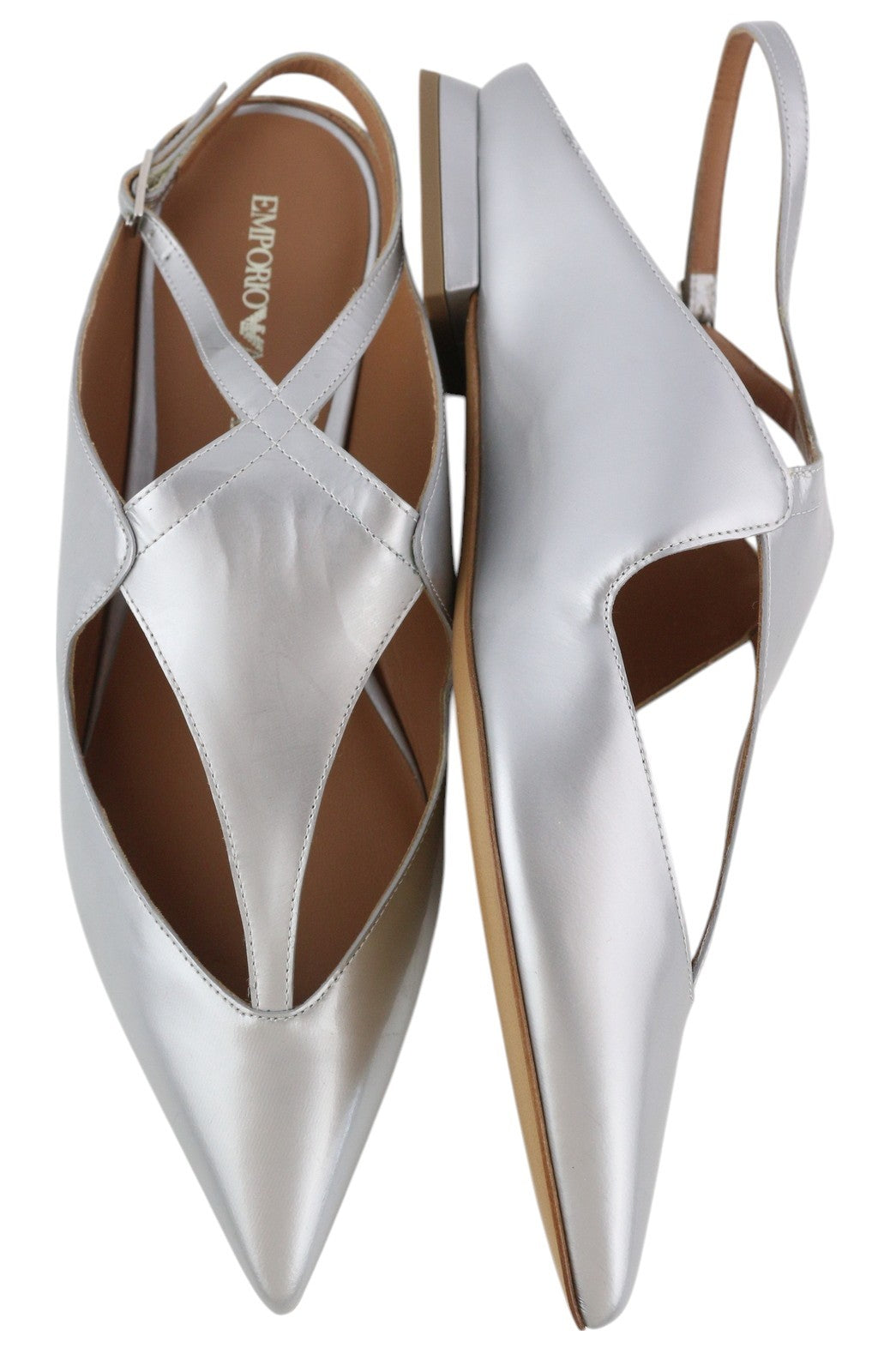 EMPORIO ARMANI X3D234 moteriški bateliai be kulno, 37 dydžio, sidabrinės spalvos, smailios nosies, sagtimi. 