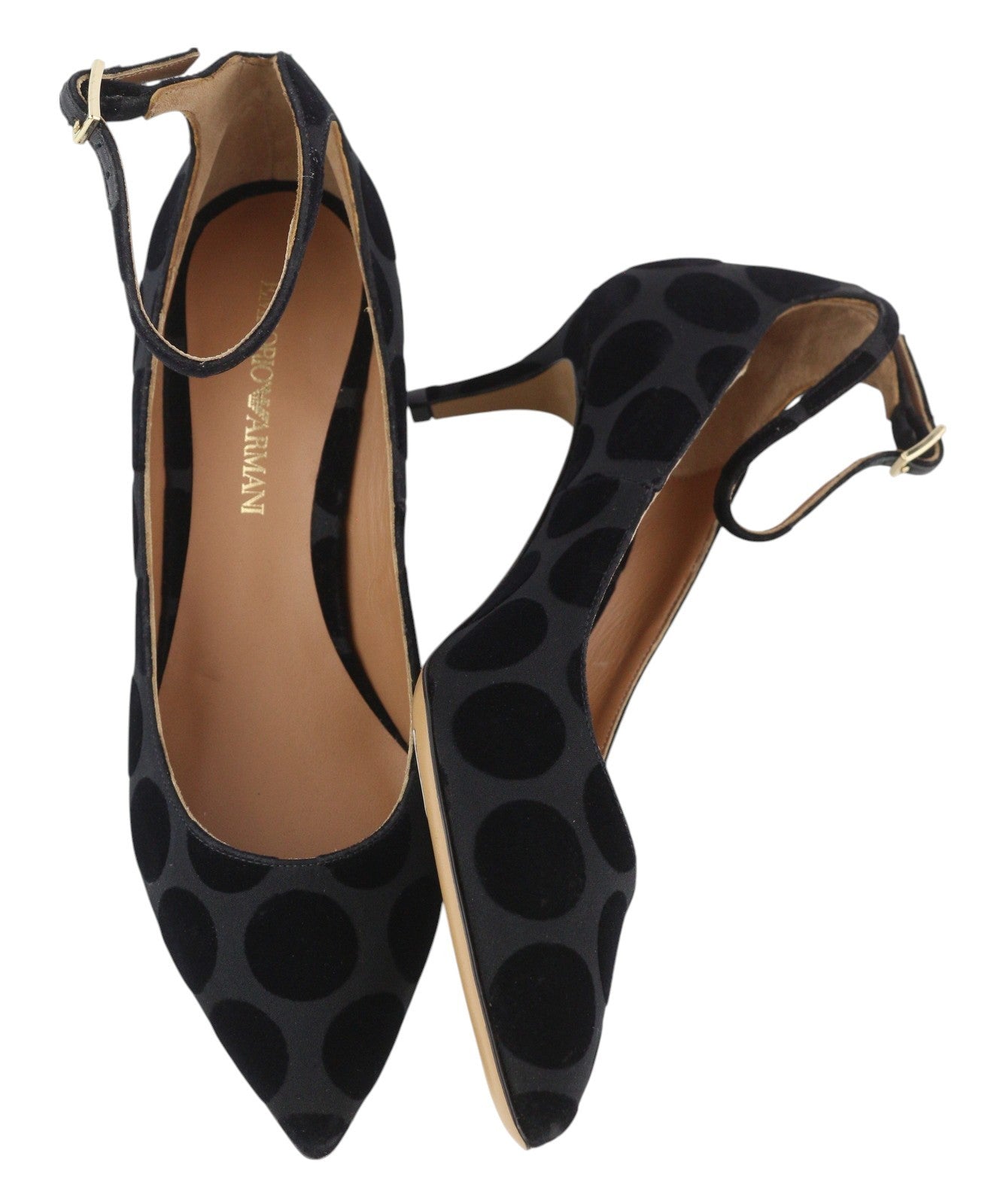 EMPORIO ARMANI X3E320 moteriški aukštakulniai, juodi taškuoti, su sagtimi ant nosies. 