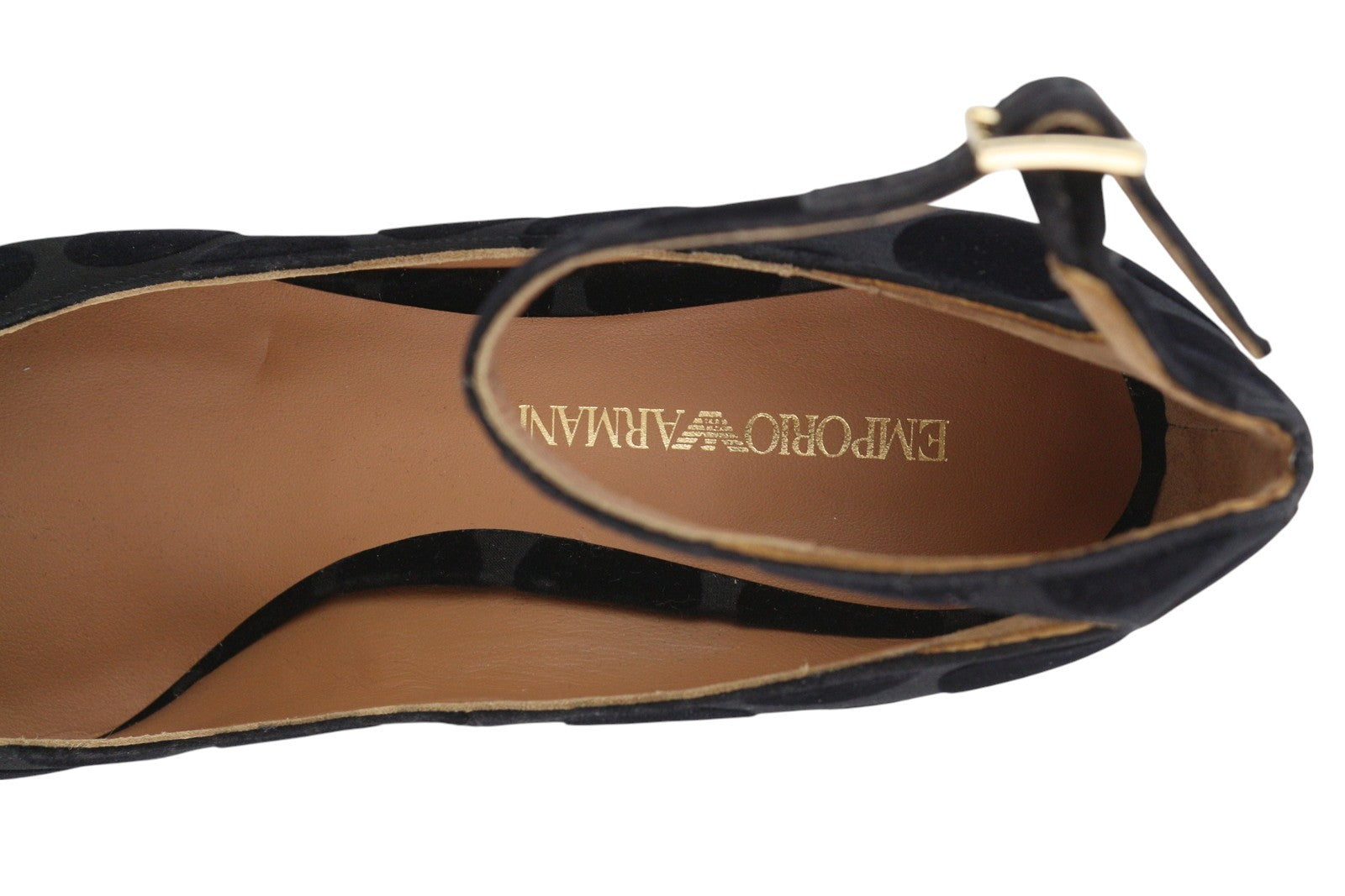 EMPORIO ARMANI X3E320 moteriški aukštakulniai, juodi taškuoti, su sagtimi ant nosies. 