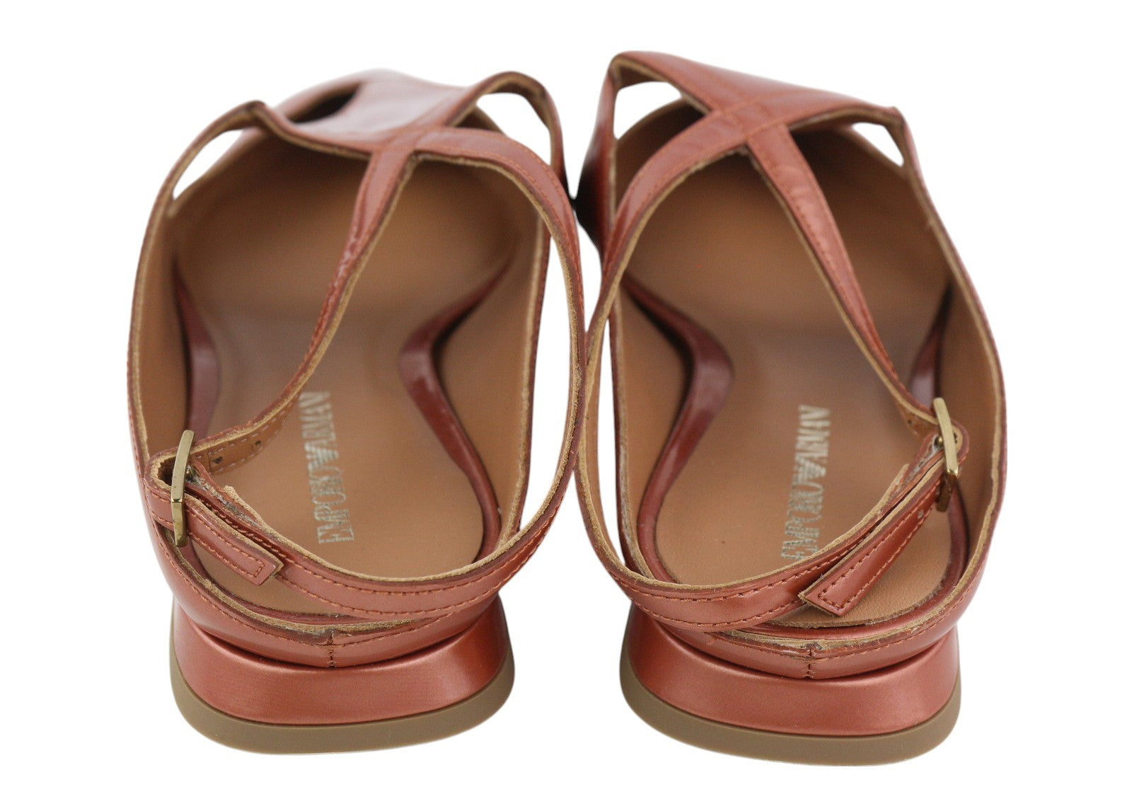 EMPORIO ARMANI X3D234 moteriški bateliai be kulno, 37 dydžio, rudi, smailios nosies, sagtimi užsegamos basutės. 