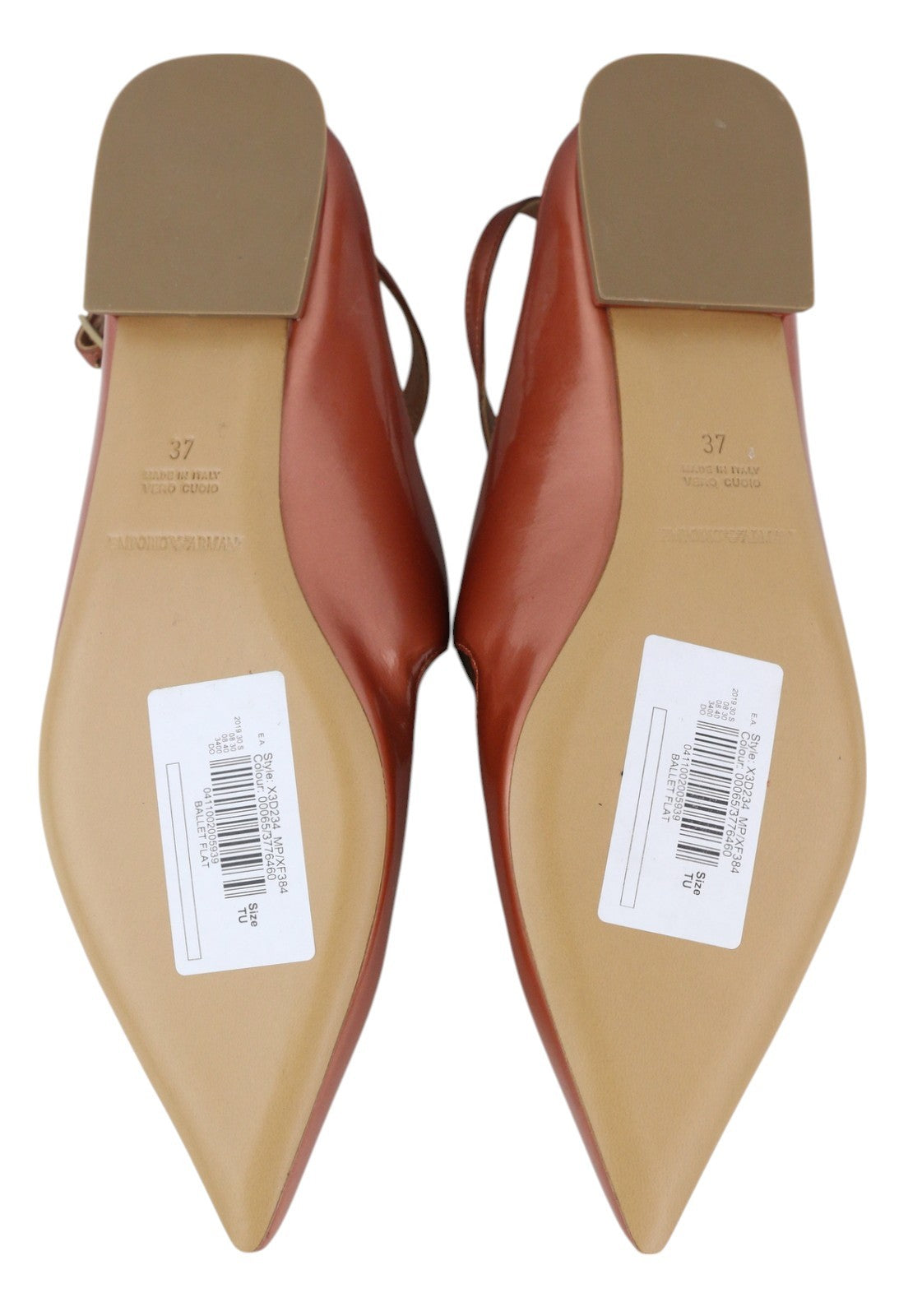 EMPORIO ARMANI X3D234 moteriški bateliai be kulno, 37 dydžio, rudi, smailios nosies, sagtimi užsegamos basutės. 