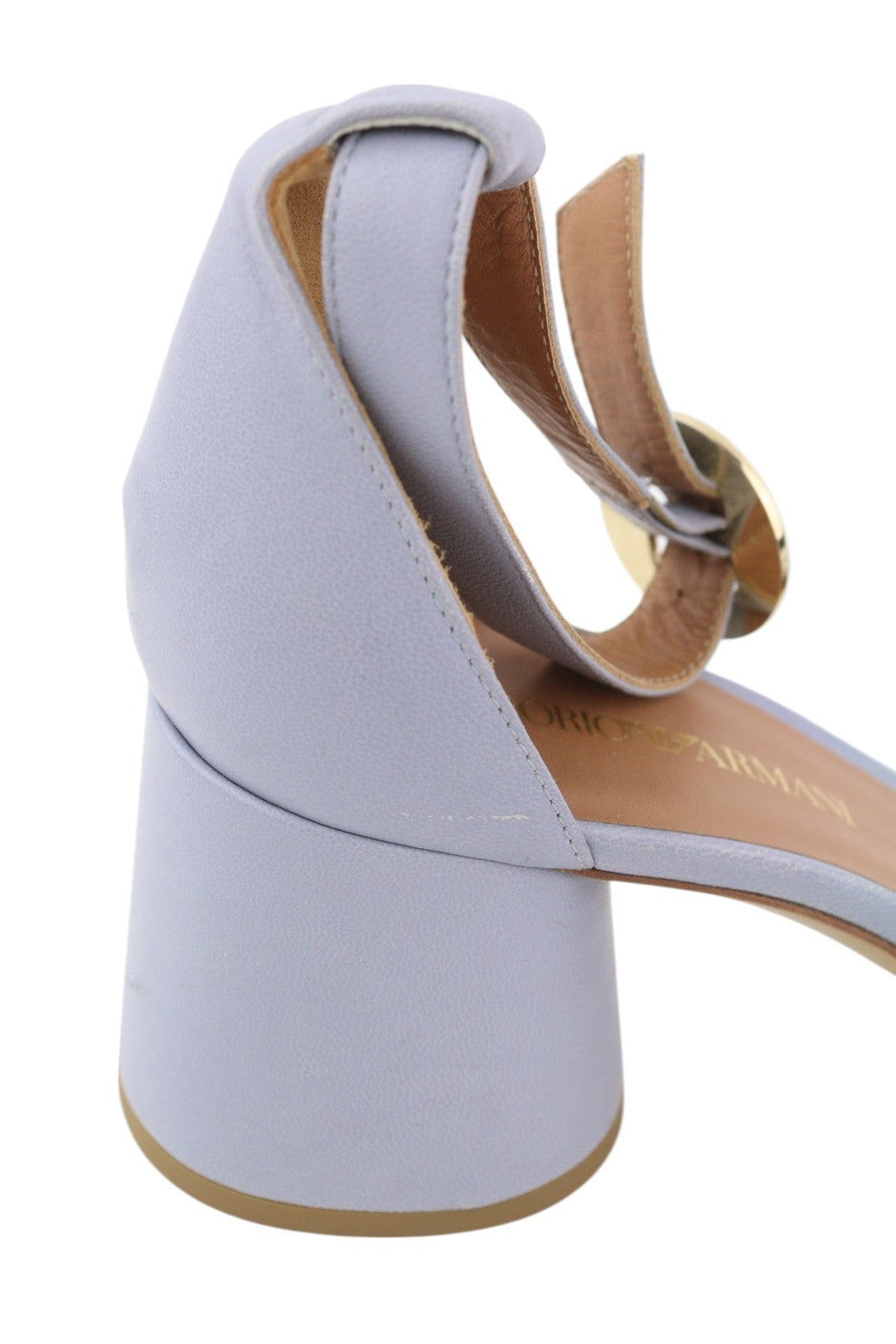 EMPORIO ARMANI moteriški aukštakulniai, 37 €, šviesiai mėlynos odos sagtimi, atvira nosimi, logotipu 