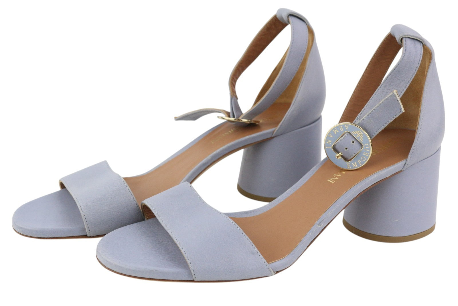 EMPORIO ARMANI moteriški aukštakulniai, 37 €, šviesiai mėlynos odos sagtimi, atvira nosimi, logotipu 