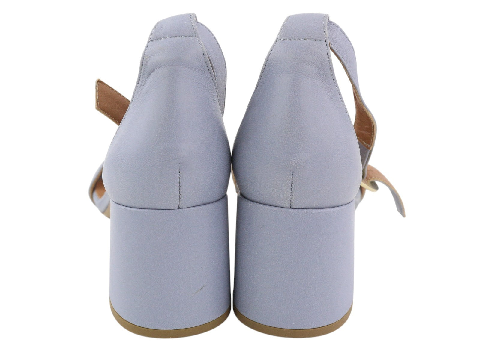 EMPORIO ARMANI moteriški aukštakulniai, 37 €, šviesiai mėlynos odos sagtimi, atvira nosimi, logotipu 