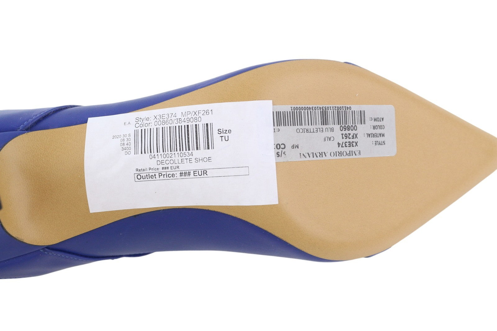 EMPORIO ARMANI X3E374 moteriški aukštakulniai, mėlyni, odiniai, smaili nosis, laisvalaikio stiliaus, su dirželiais. 