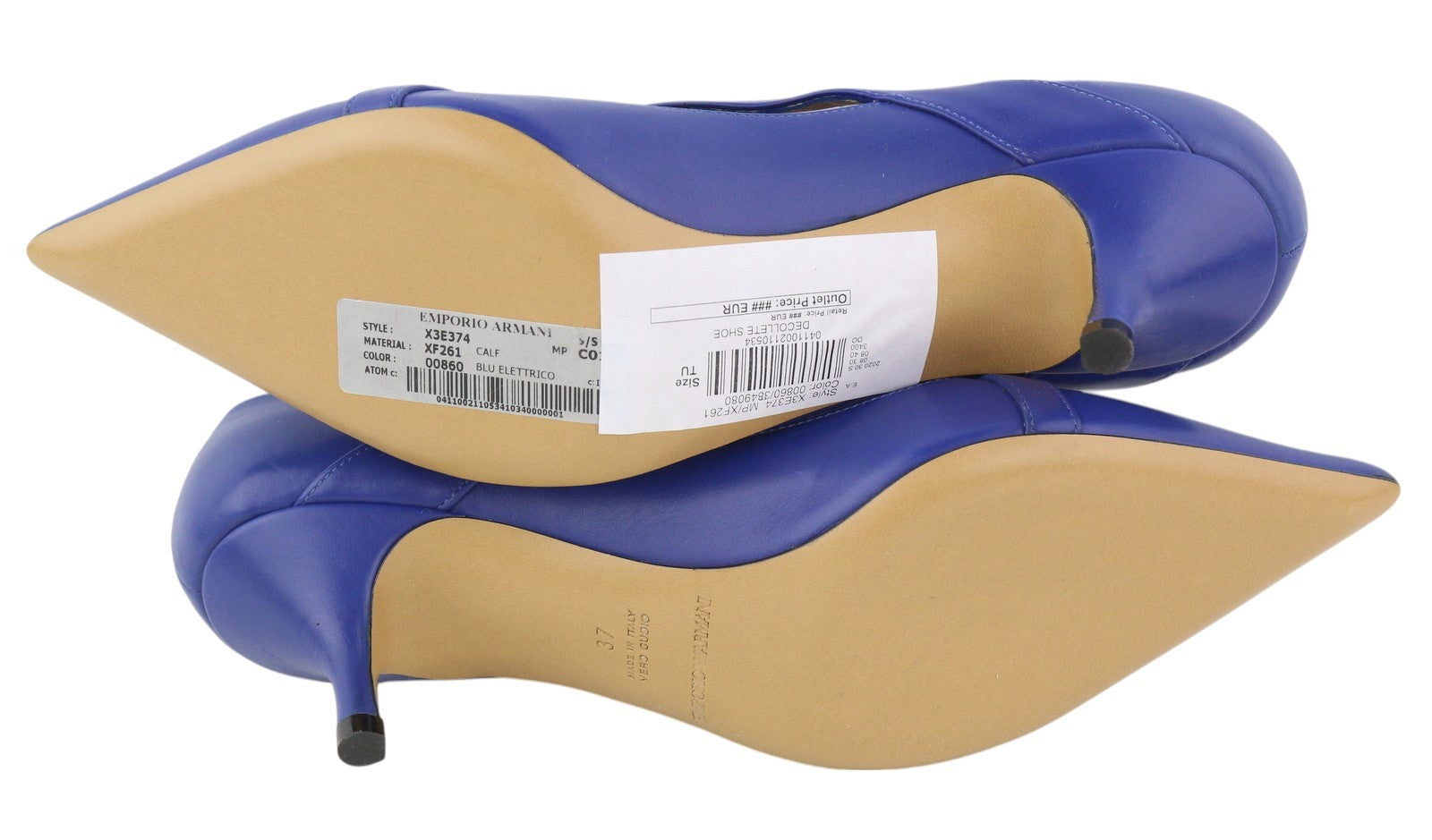 EMPORIO ARMANI X3E374 moteriški aukštakulniai, mėlyni, odiniai, smaili nosis, laisvalaikio stiliaus, su dirželiais. 