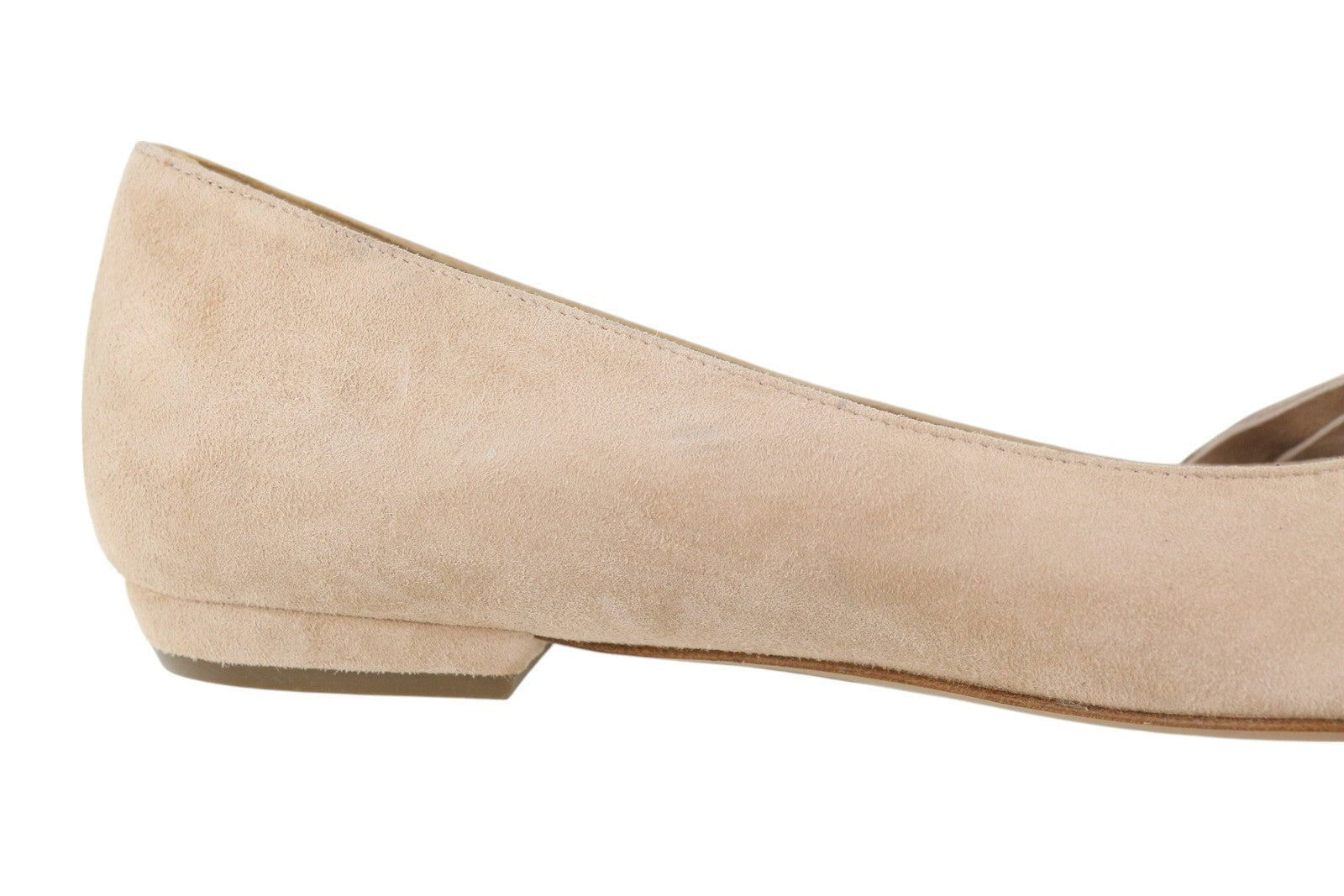 EMPORIO ARMANI X3D230 moteriški bateliai su smėlio spalvos zomša ir oda, smailiais pirštais ir kaspinėliais. 