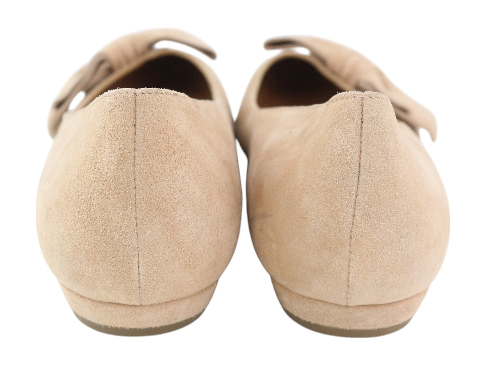 EMPORIO ARMANI X3D230 moteriški bateliai su smėlio spalvos zomša ir oda, smailiais pirštais ir kaspinėliais. 