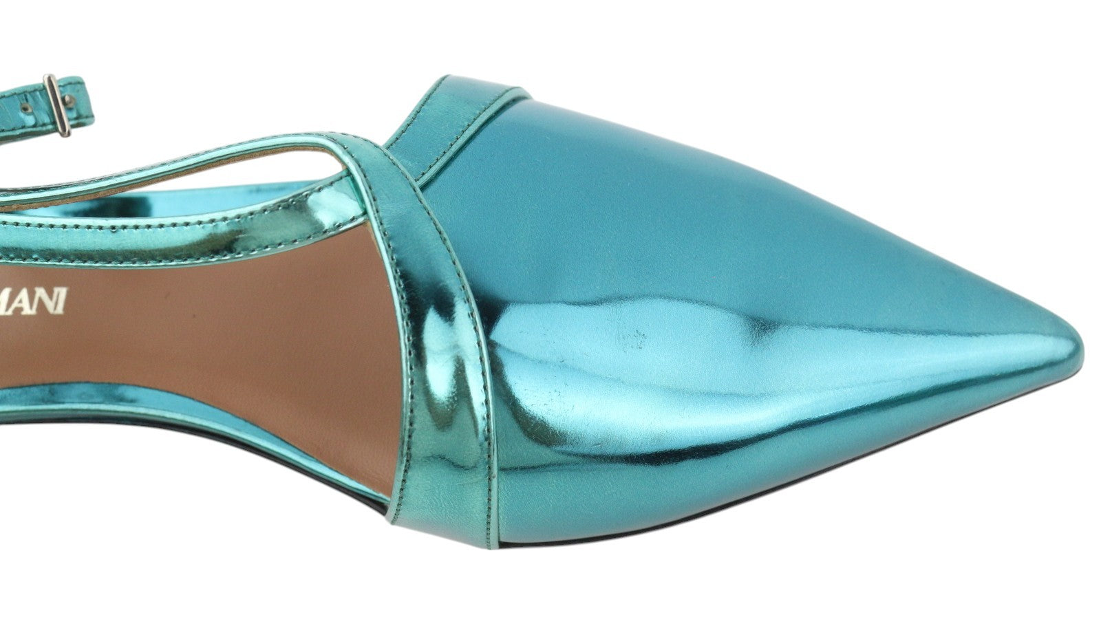 EMPORIO ARMANI moteriški bateliai be kulno, 37 dydžio, mėlyni, blizgantys, odiniai, smailios nosies, dirželiais. 