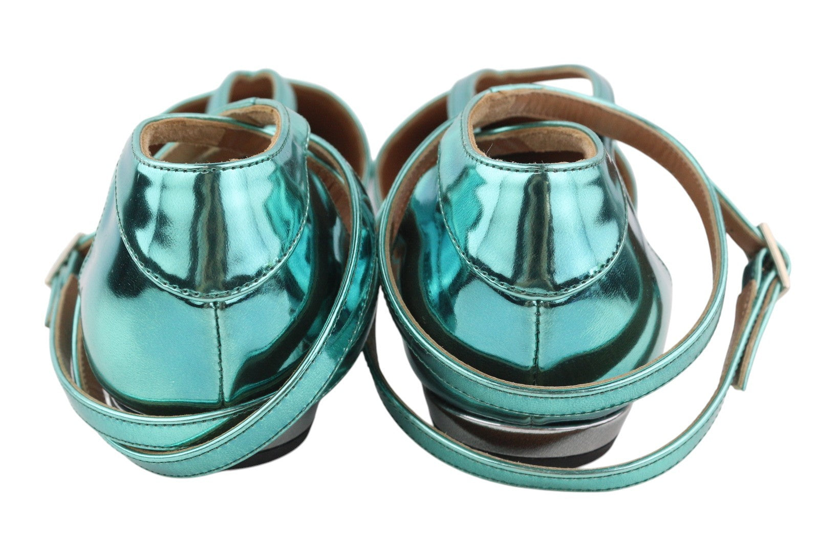 EMPORIO ARMANI moteriški bateliai be kulno, 37 dydžio, mėlyni, blizgantys, odiniai, smailios nosies, dirželiais. 