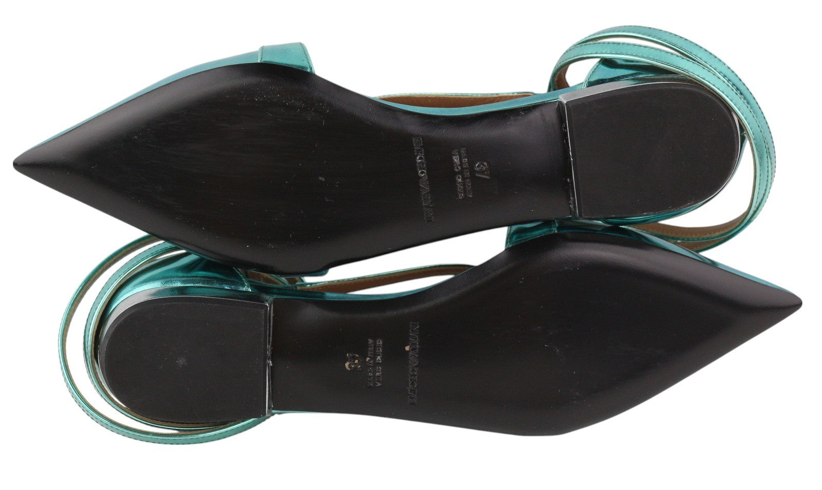 EMPORIO ARMANI moteriški bateliai be kulno, 37 dydžio, mėlyni, blizgantys, odiniai, smailios nosies, dirželiais. 