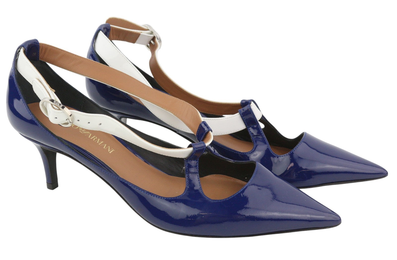 EMPORIO ARMANI moteriški aukštakulniai, 37 dydis, mėlyni, blizgantys, odiniai, smaili nosis, sagtimi, laisvalaikio stiliaus. 
