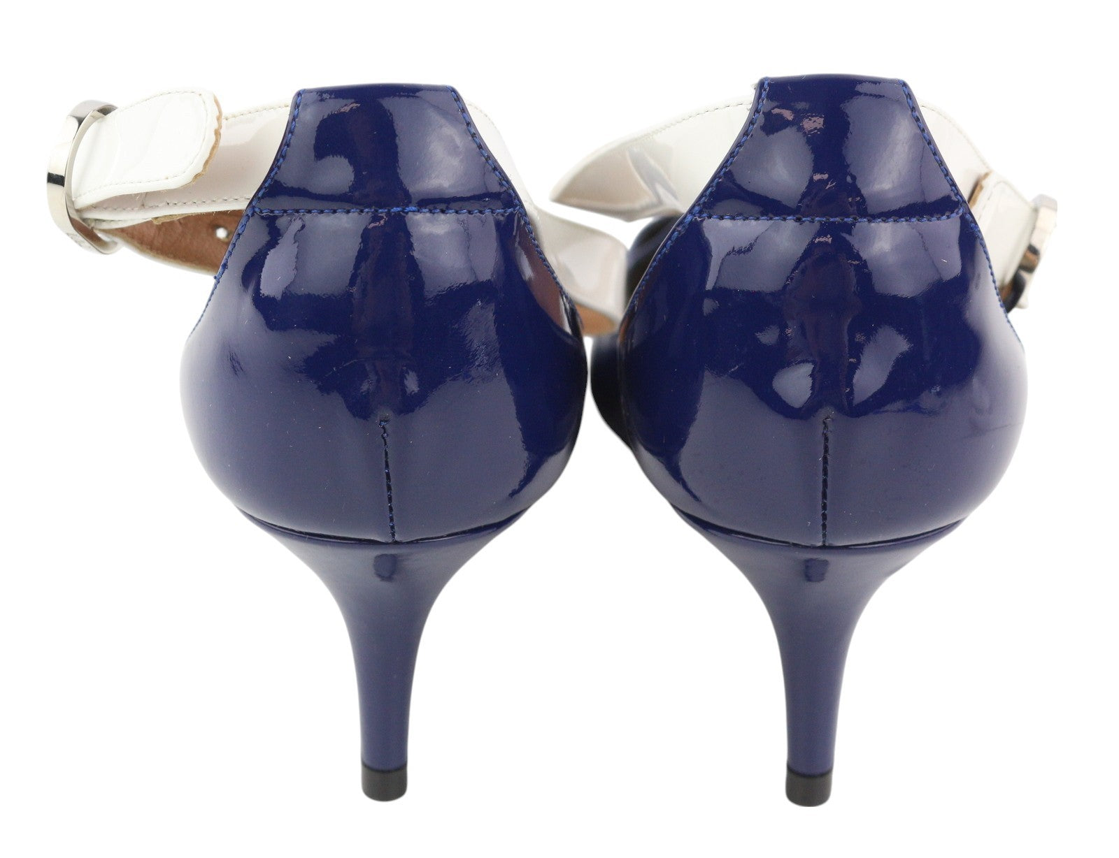 EMPORIO ARMANI moteriški aukštakulniai, 37 dydis, mėlyni, blizgantys, odiniai, smaili nosis, sagtimi, laisvalaikio stiliaus. 