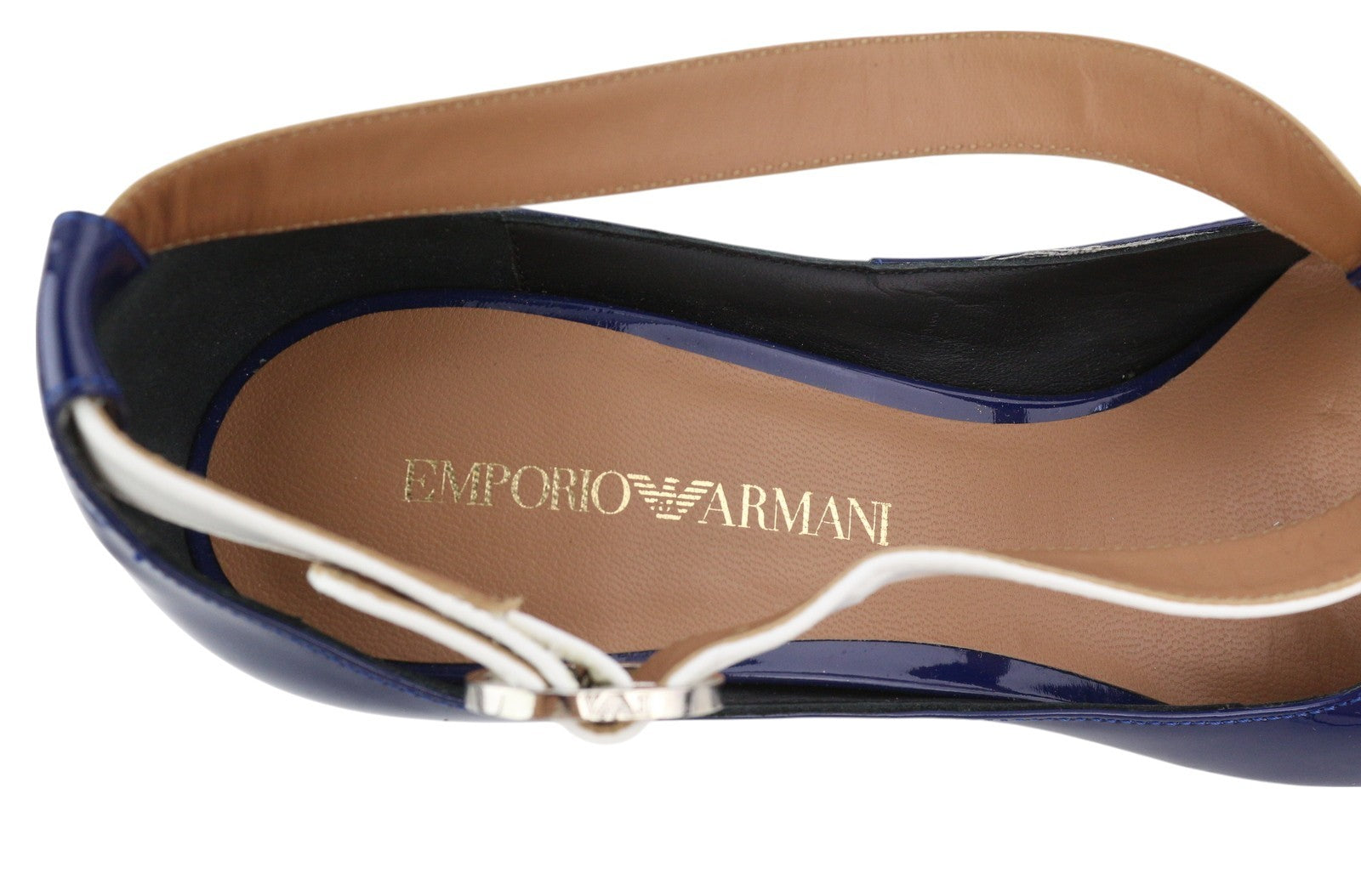 EMPORIO ARMANI moteriški aukštakulniai, 37 dydis, mėlyni, blizgantys, odiniai, smaili nosis, sagtimi, laisvalaikio stiliaus. 