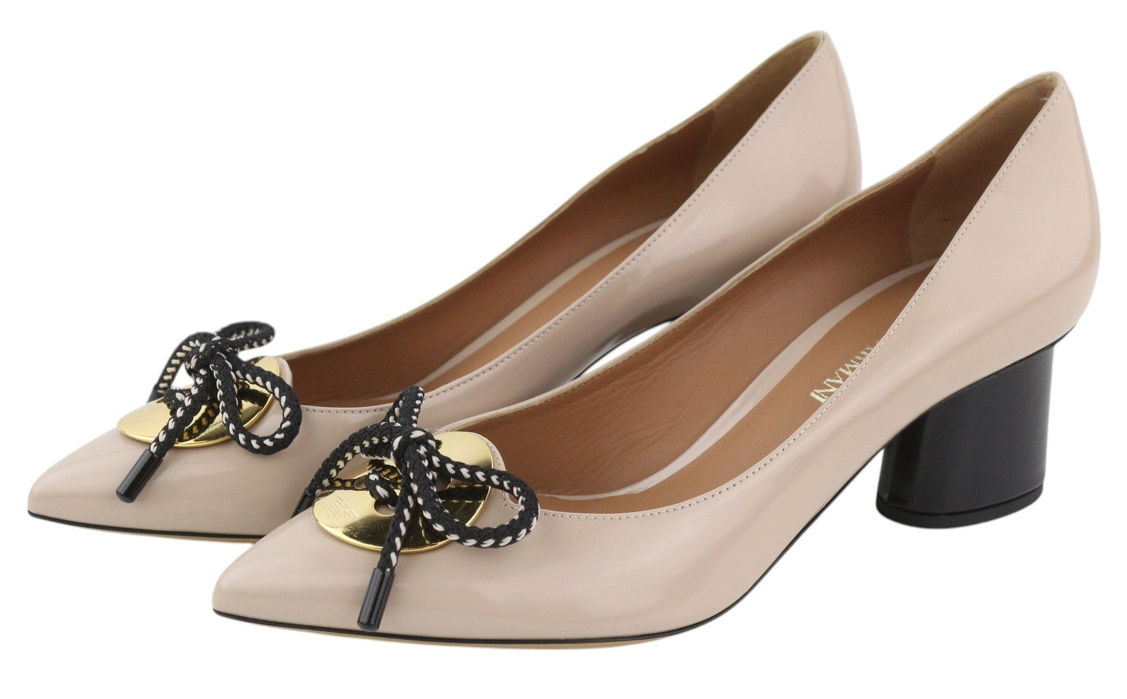 EMPORIO ARMANI X3E345 moteriški aukštakulniai, 37 dydžio, smėlio spalvos, lakuotos odos, aukso spalvos detalės. 