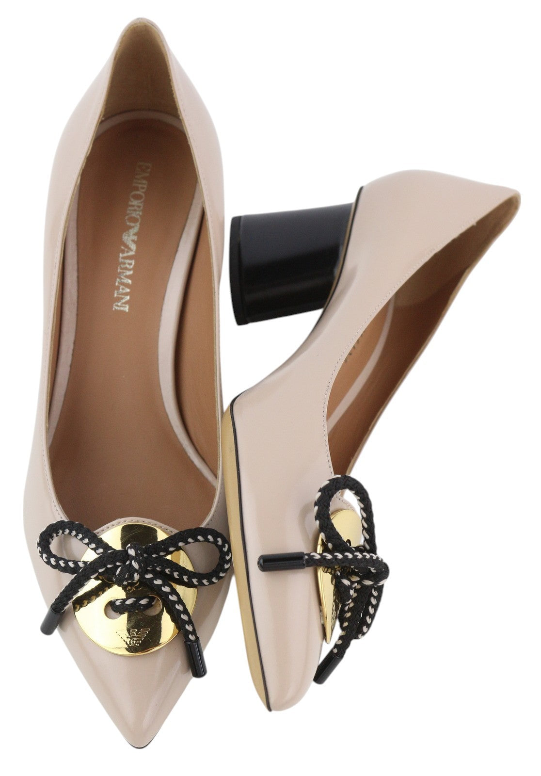 EMPORIO ARMANI X3E345 moteriški aukštakulniai, 37 dydžio, smėlio spalvos, lakuotos odos, aukso spalvos detalės. 