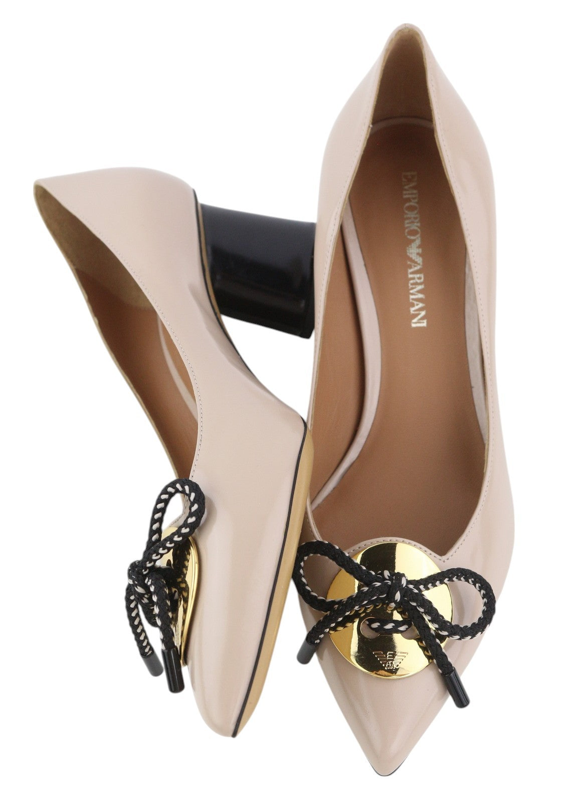 EMPORIO ARMANI X3E345 moteriški aukštakulniai, 37 dydžio, smėlio spalvos, lakuotos odos, aukso spalvos detalės. 