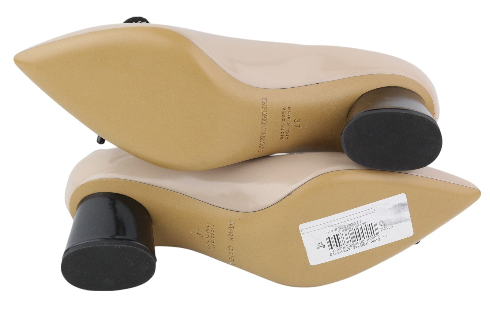 EMPORIO ARMANI X3E345 moteriški aukštakulniai, 37 dydžio, smėlio spalvos, lakuotos odos, aukso spalvos detalės. 