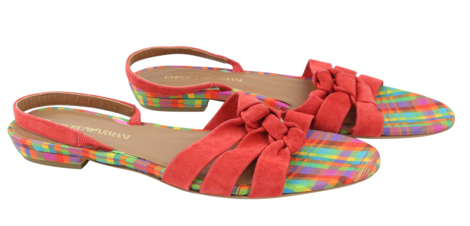 EMPORIO ARMANI X3P657 moteriškos basutės, 37 €, raudonos zomšos, odinės, atviros nosies, su logotipu, be kulno 