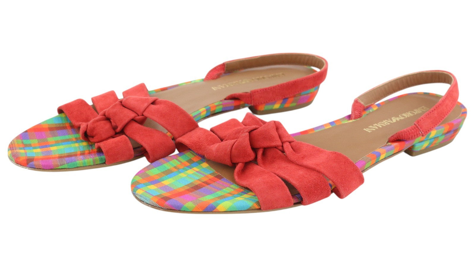 EMPORIO ARMANI X3P657 moteriškos basutės, 37 €, raudonos zomšos, odinės, atviros nosies, su logotipu, be kulno 