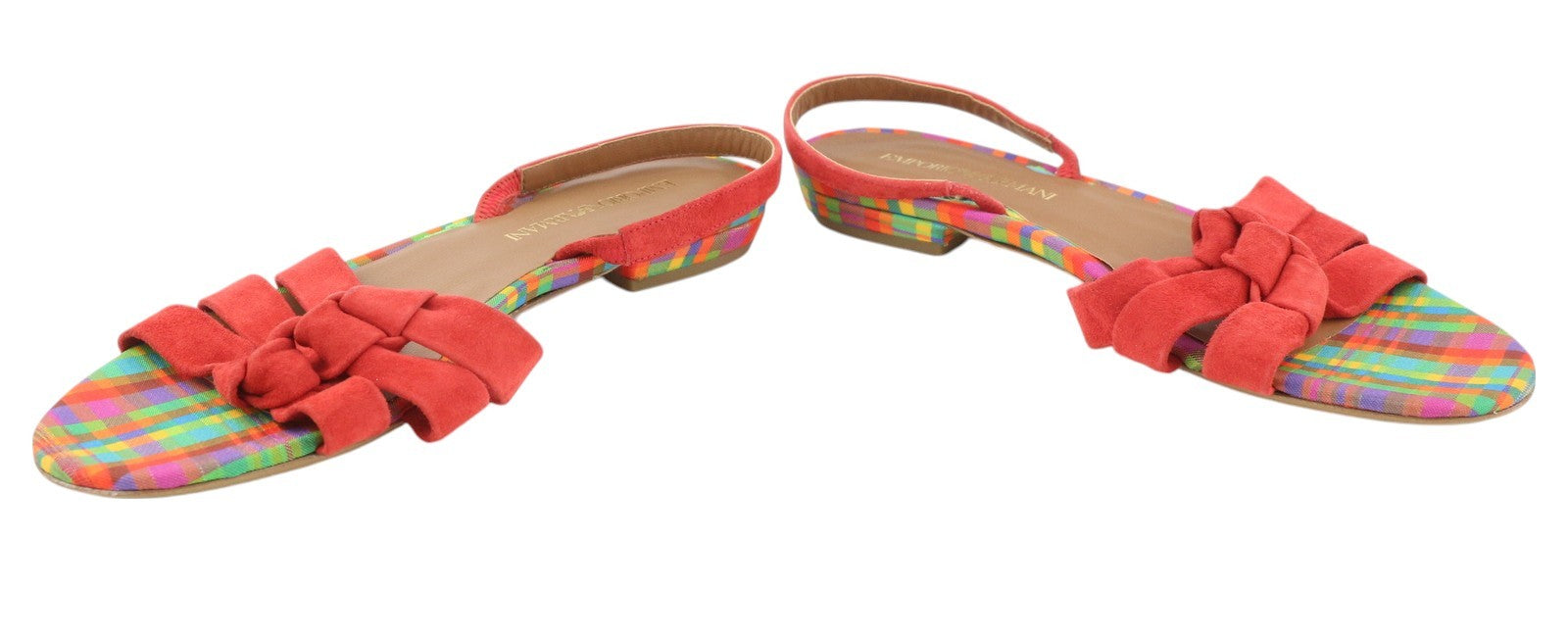 EMPORIO ARMANI X3P657 moteriškos basutės, 37 €, raudonos zomšos, odinės, atviros nosies, su logotipu, be kulno 