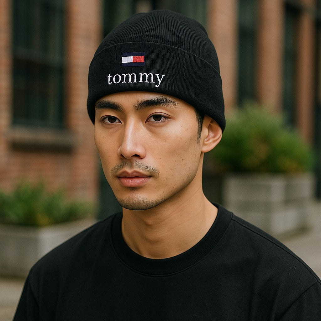 TOMMY HILFIGER kepurė vyrams, juoda, tvirtai megzta, su siuvinėtu logotipu, kasdieninė kaina – 79 € 