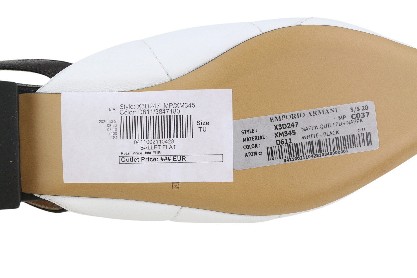 EMPORIO ARMANI X3D247 moteriški bateliai be kulno, 37 dydžio, baltos odos, smailios nosies, su logotipu, balerinos. 