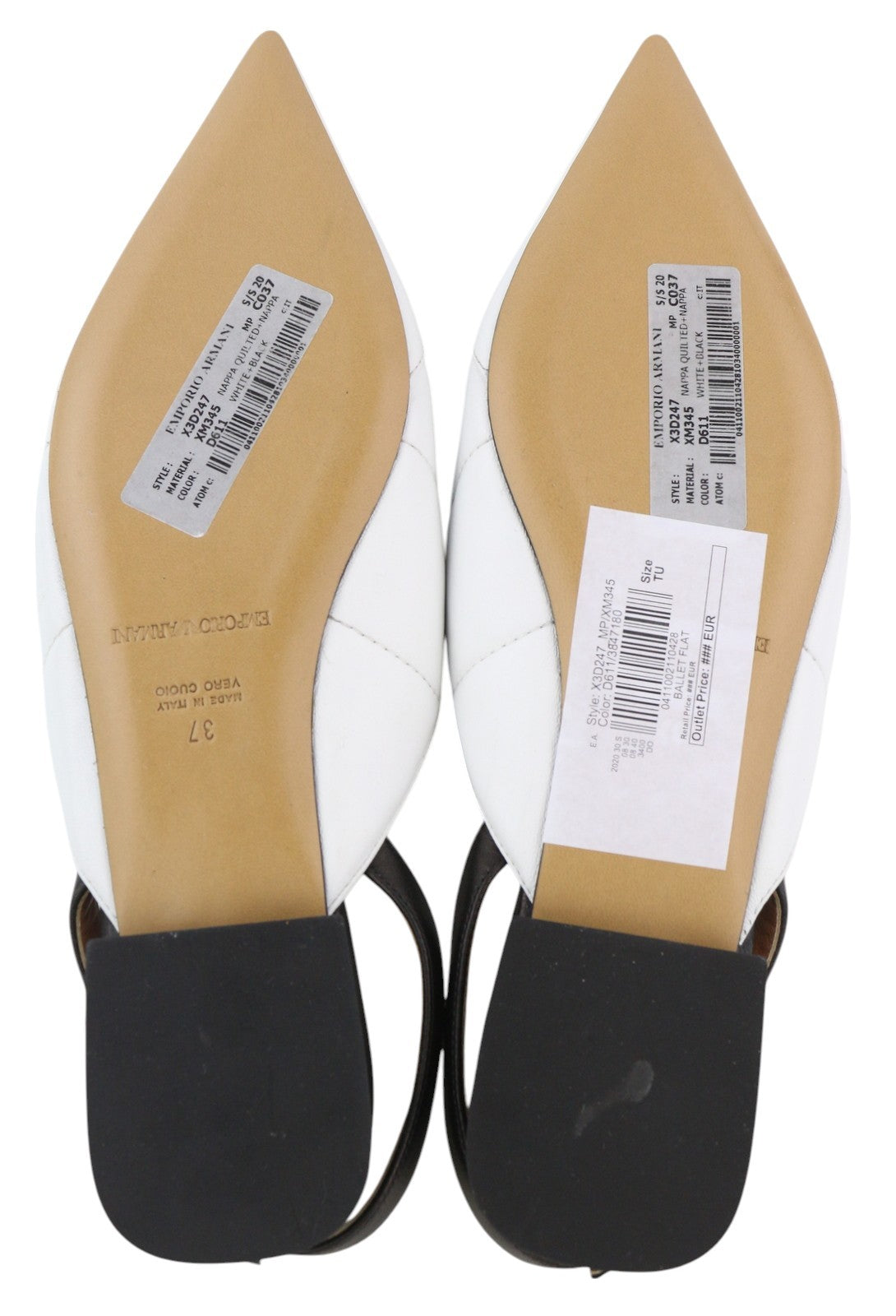 EMPORIO ARMANI X3D247 moteriški bateliai be kulno, 37 dydžio, baltos odos, smailios nosies, su logotipu, balerinos. 