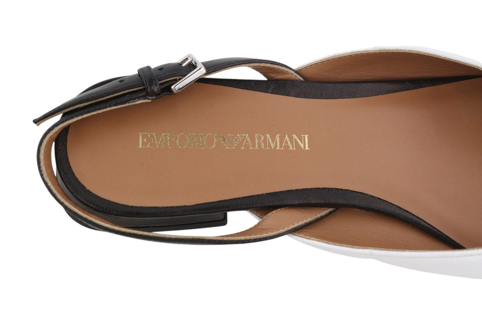 EMPORIO ARMANI X3D247 moteriški bateliai be kulno, 37 dydžio, baltos odos, smailios nosies, su logotipu, balerinos. 