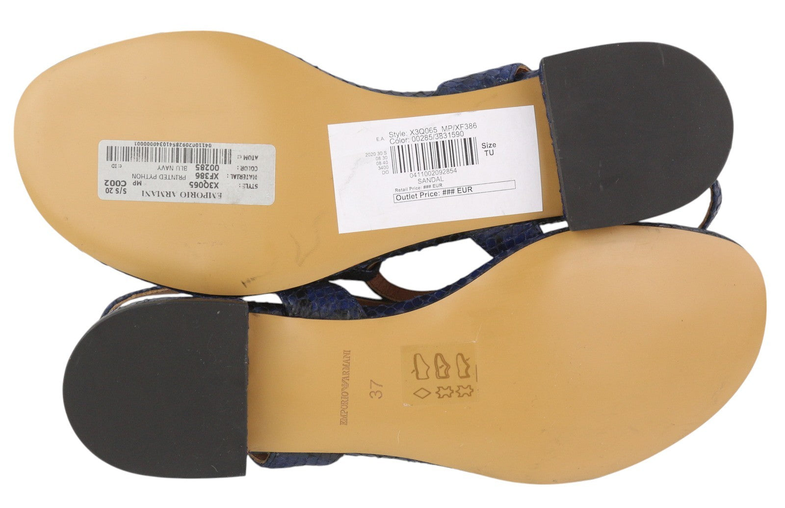 EMPORIO ARMANI X3Q065 moteriškos basutės, 37 dydžio, mėlynos odos, be kulno, tekstūruotos. RMK 212 €. 