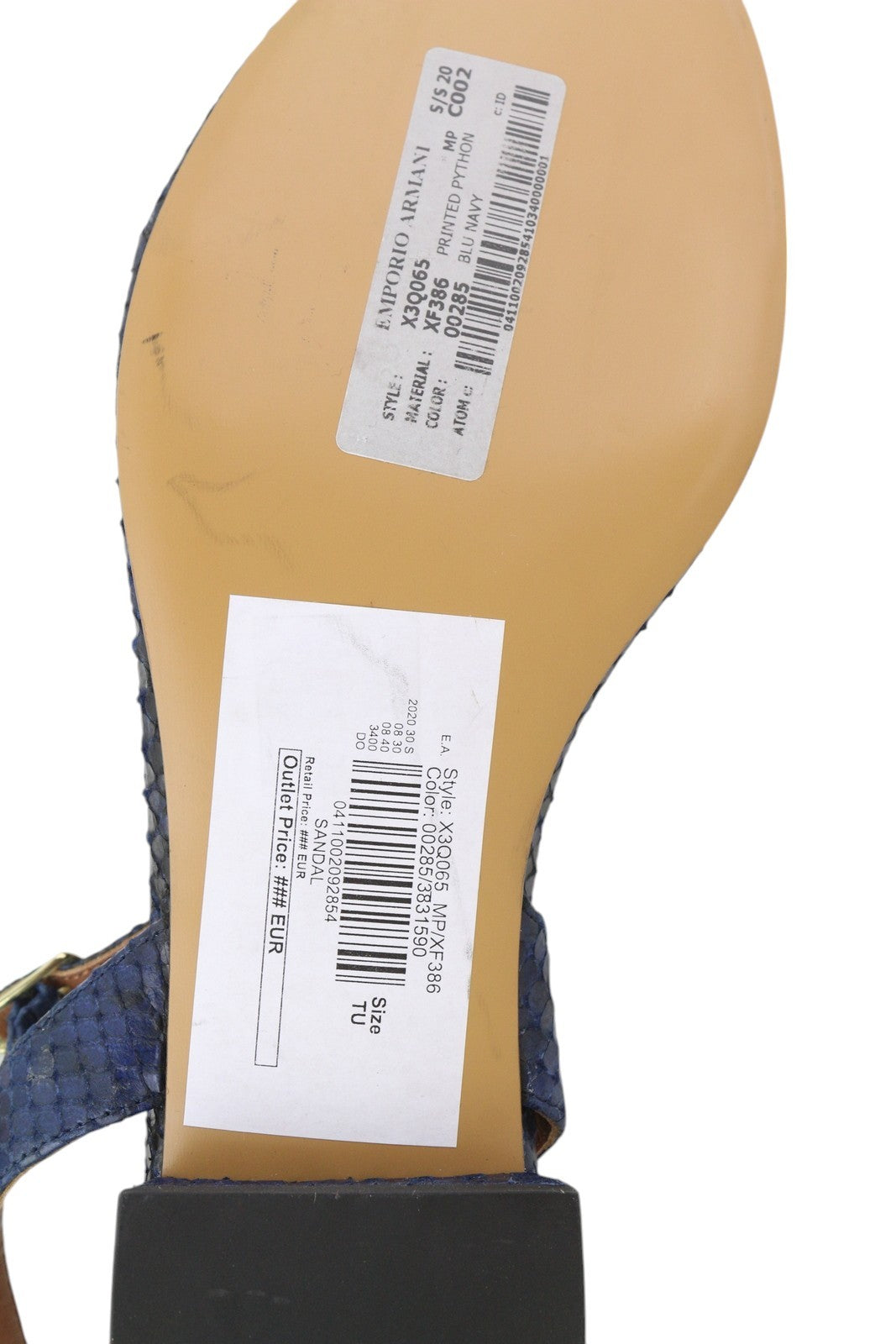 EMPORIO ARMANI X3Q065 moteriškos basutės, 37 dydžio, mėlynos odos, be kulno, tekstūruotos. RMK 212 €. 