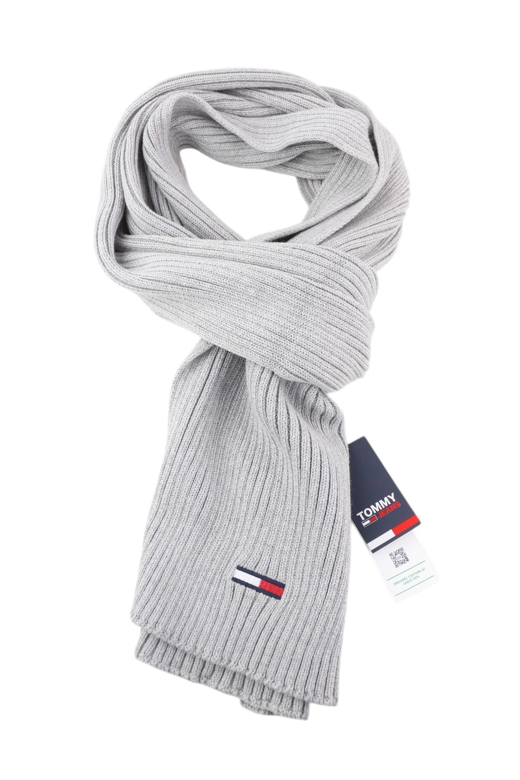 TOMMY HILFIGER vyriškas šalikas su vėliava, pilkas, megztas, siuvinėtas logotipas, unisex 