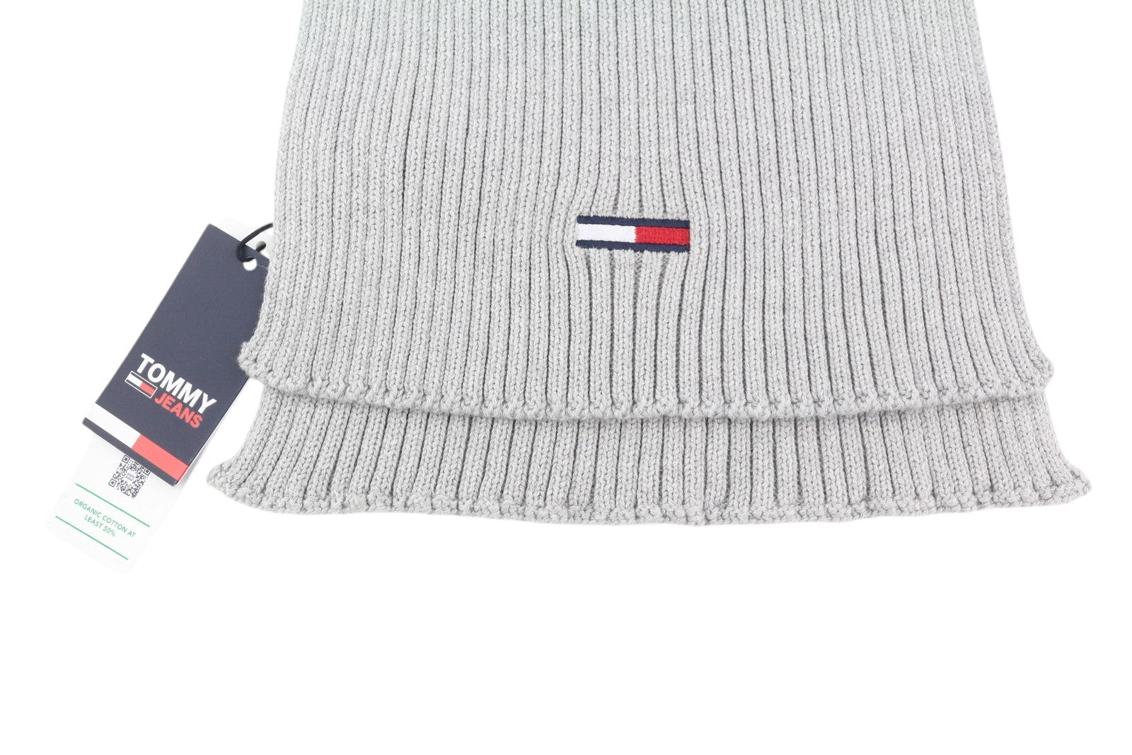 TOMMY HILFIGER vyriškas šalikas su vėliava, pilkas, megztas, siuvinėtas logotipas, unisex 