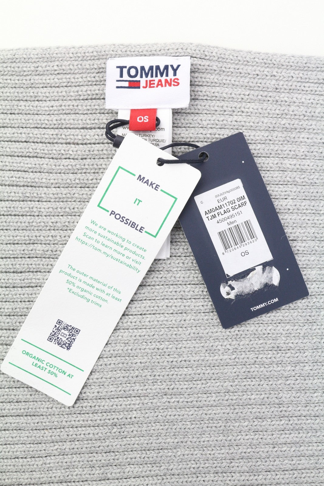 TOMMY HILFIGER vyriškas šalikas su vėliava, pilkas, megztas, siuvinėtas logotipas, unisex 