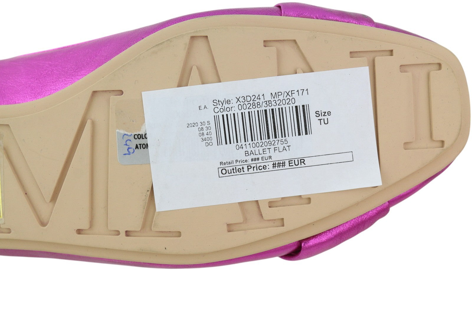 EMPORIO ARMANI X3D241 moteriški bateliai su blizgia violetine oda, kvadratine nosele, balerinos 