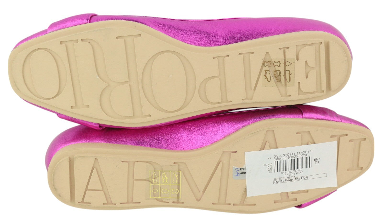 EMPORIO ARMANI X3D241 moteriški bateliai su blizgia violetine oda, kvadratine nosele, balerinos 