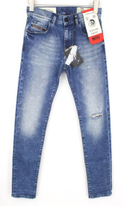 DIESEL D-Strukt 081AQ vyriški W27/L32 siaurėjantys mėlyni tamprūs džinsai su apgadintu kirpimu 