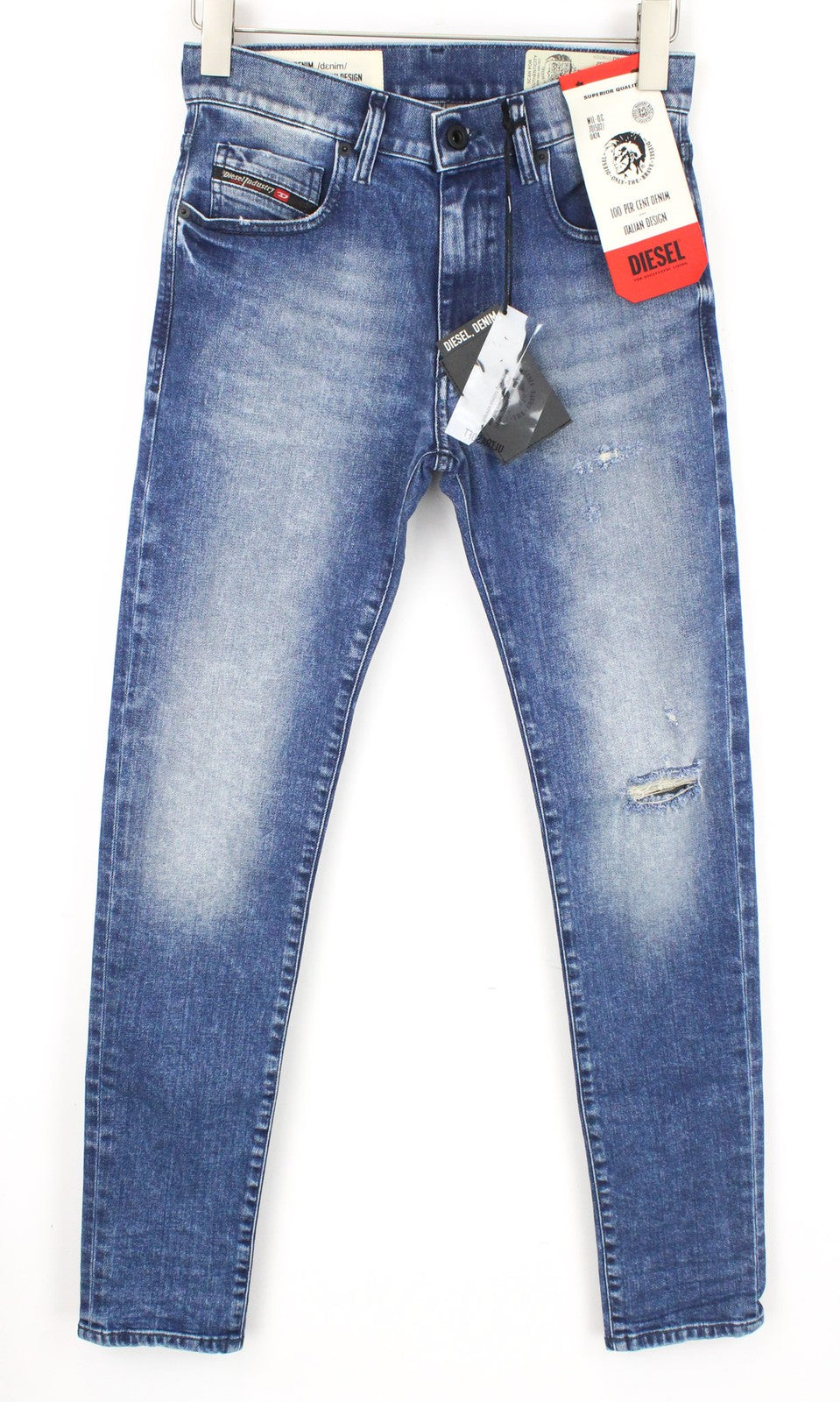 DIESEL D-Strukt 081AQ vyriški W27/L32 siaurėjantys mėlyni tamprūs džinsai su apgadintu kirpimu 