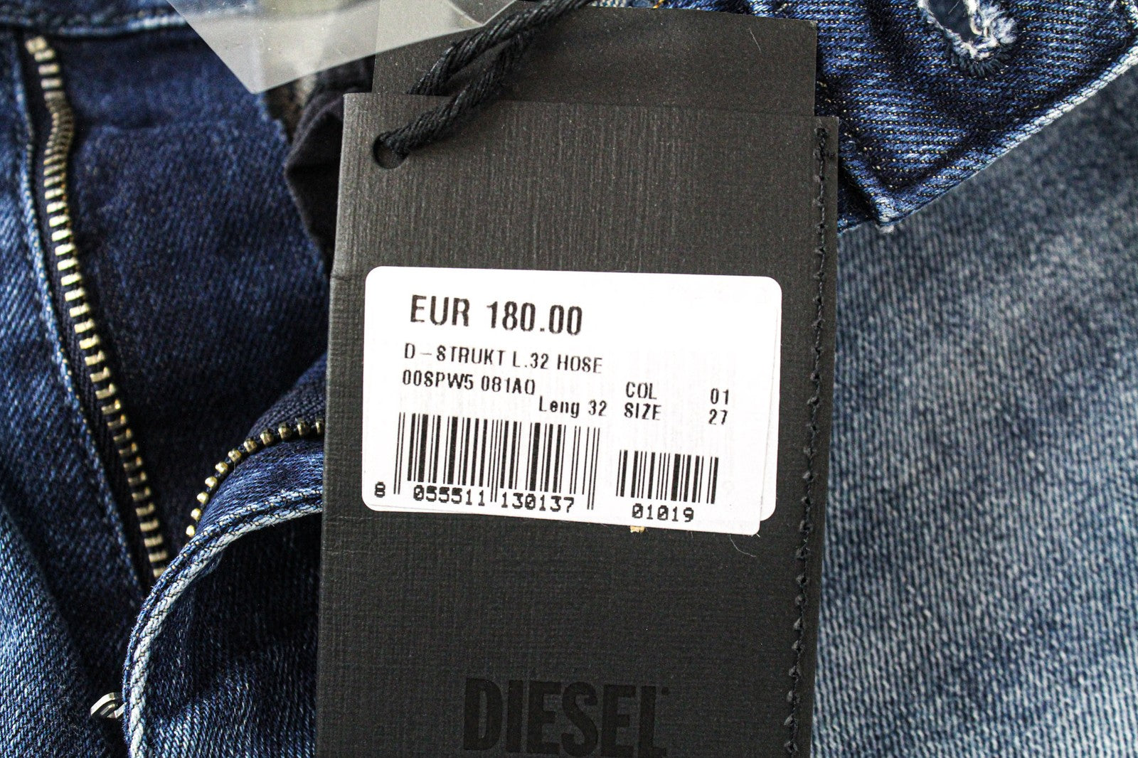 DIESEL D-Strukt 081AQ vyriški W27/L32 siaurėjantys mėlyni tamprūs džinsai su apgadintu kirpimu 