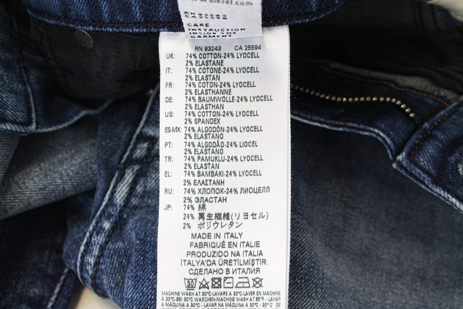 DIESEL D-Strukt 081AQ vyriški W27/L32 siaurėjantys mėlyni tamprūs džinsai su apgadintu kirpimu 