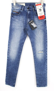 DIESEL D-Strukt 081AQ vyriški W27/L32 plėšyti siaurėjantys mėlyni medvilniniai tamprūs džinsai 