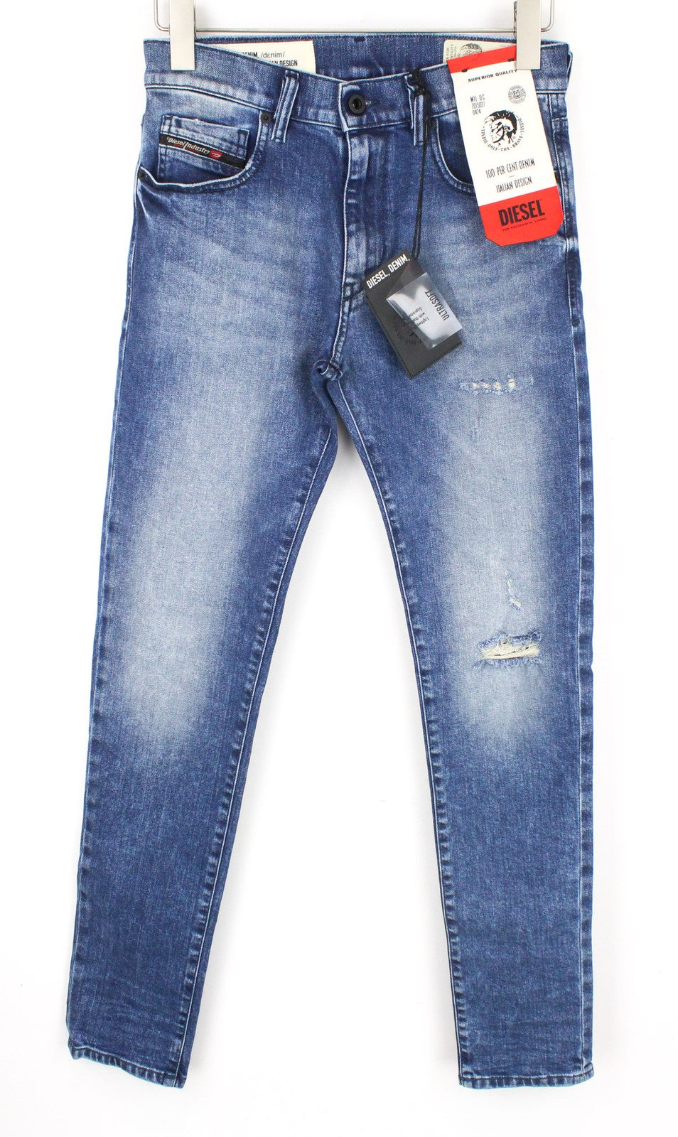 DIESEL D-Strukt 081AQ vyriški W27/L32 plėšyti siaurėjantys mėlyni medvilniniai tamprūs džinsai 